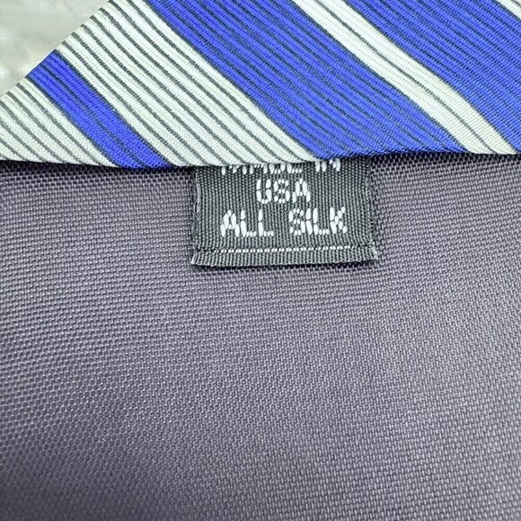 Vintage 90s USA Parallel Lines Basic Elements Blue White Tie Men’s 57” Silk EUC - Picture 4 of 4